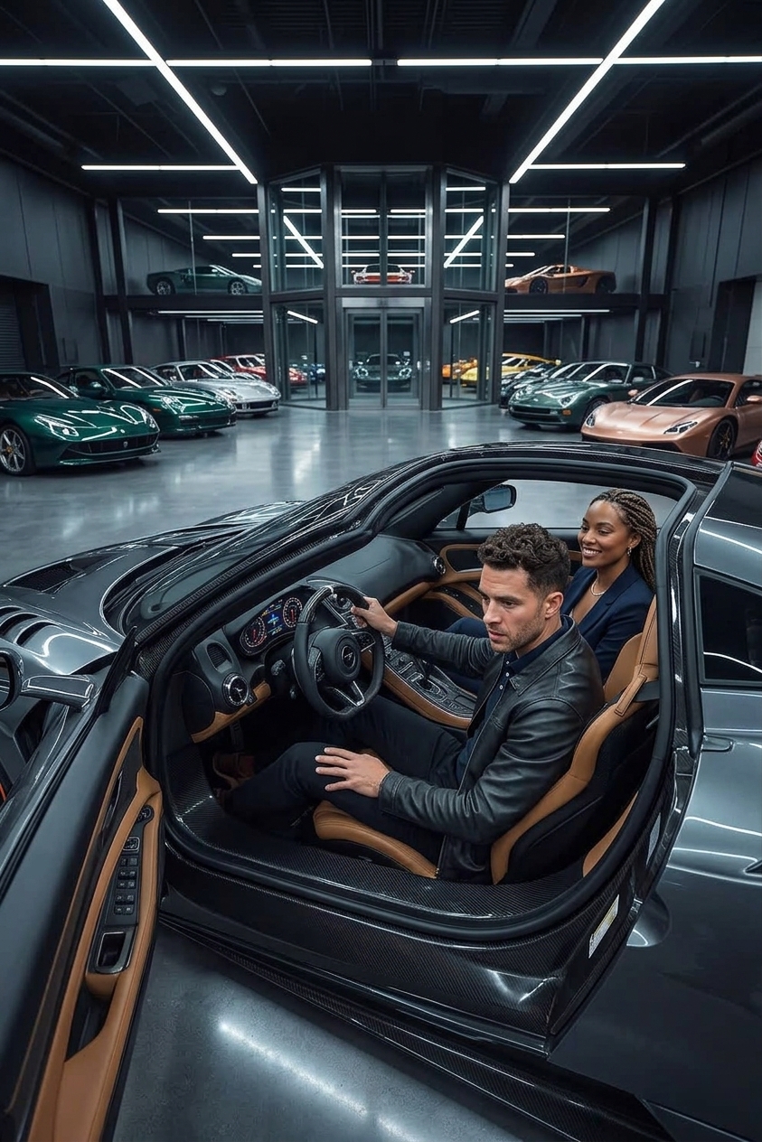 A chauffeur opening the rear door of a luxury sedan at dusk